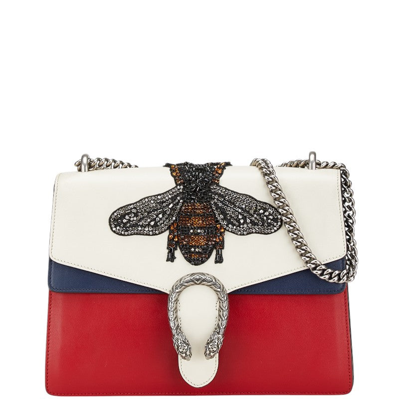 グッチ デュオニソス ビー ラインストーン チェーン ショルダーバッグ ハンドバッグ 403348 レッド ホワイト ネイビー レザー レディース GUCCI 【中古】