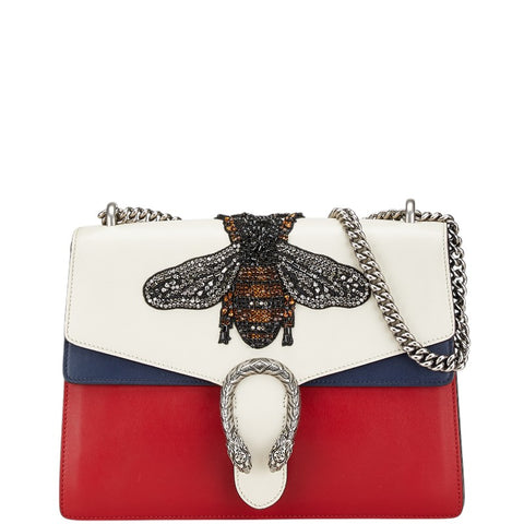 グッチ デュオニソス ビー ラインストーン チェーン ショルダーバッグ ハンドバッグ 403348 レッド ホワイト ネイビー レザー レディース GUCCI 【中古】