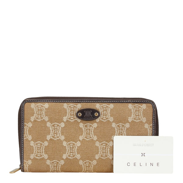 セリーヌ マカダム ラウンドファスナー 長財布 ベージュ ブラウン キャンバス レザー レディース CELINE 【中古】
