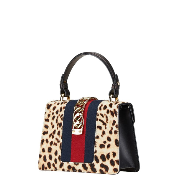 グッチ シェリーライン シルヴィ レオパード ミニ ハンドバッグ ショルダーバッグ 2WAY 470270  ベージュ ブラウン ハラコ レザー レディース GUCCI 【中古】