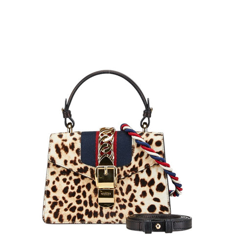 グッチ シェリーライン シルヴィ レオパード ミニ ハンドバッグ ショルダーバッグ 2WAY 470270  ベージュ ブラウン ハラコ レザー レディース GUCCI 【中古】