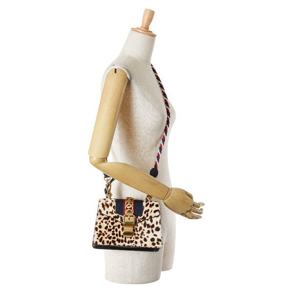 グッチ シェリーライン シルヴィ レオパード ミニ ハンドバッグ ショルダーバッグ 2WAY 470270  ベージュ ブラウン ハラコ レザー レディース GUCCI 【中古】