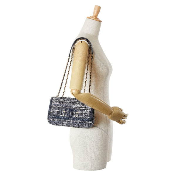 シャネル CCフィリグリー ココマーク パイソン型押し チェーン ショルダーバッグ ネイビー ツイード レザー レディース CHANEL 【中古】