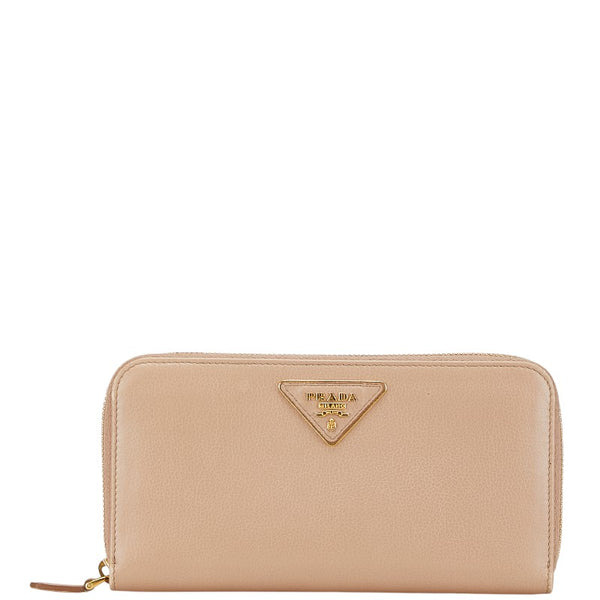 プラダ 三角ロゴプレート 長財布 ラウンドファスナー ベージュ レザー レディース PRADA 【中古】