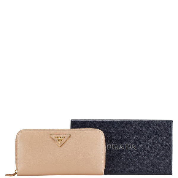 プラダ 三角ロゴプレート 長財布 ラウンドファスナー ベージュ レザー レディース PRADA 【中古】