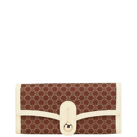 セリーヌ マカダム 長財布 ブラウン アイボリー キャンバス レザー レディース CELINE 【中古】