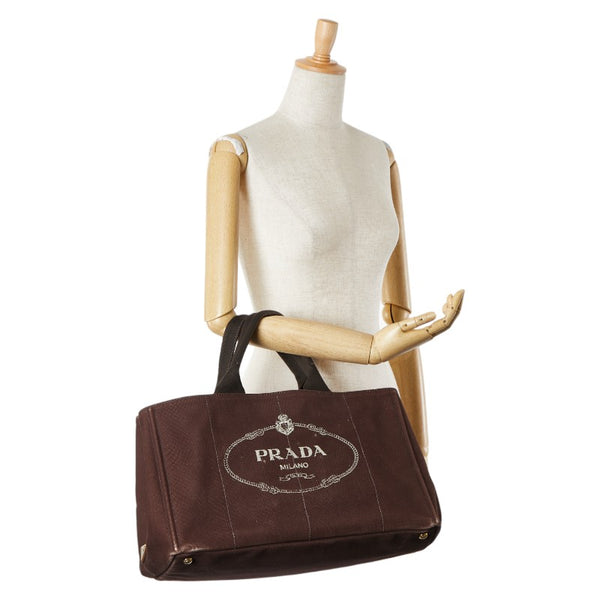 プラダ 三角ロゴプレート カナパL ハンドバッグ トートバッグ ブラウン キャンバス レディース PRADA 【中古】