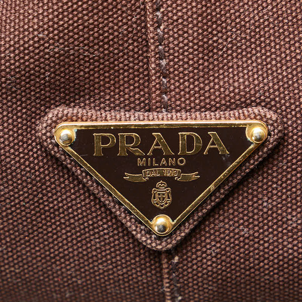 プラダ 三角ロゴプレート カナパL ハンドバッグ トートバッグ ブラウン キャンバス レディース PRADA 【中古】