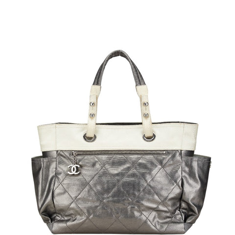 シャネル パリビアリッツ トートMM ココマーク トートバッグ ショルダーバッグ グレー ホワイト PVC レザー レディース CHANEL 【中古】