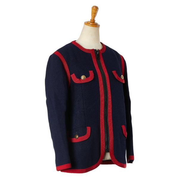 グッチ タイガーキャットボタン ノーカラージャケット ジップアップ サイズ：44 545460 ネイビー レッド ウール ナイロン レディース GUCCI 【中古】