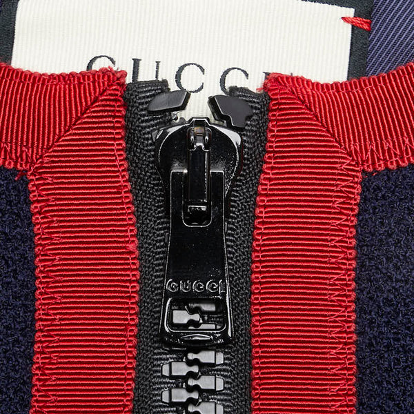 グッチ タイガーキャットボタン ノーカラージャケット ジップアップ サイズ：44 545460 ネイビー レッド ウール ナイロン レディース GUCCI 【中古】