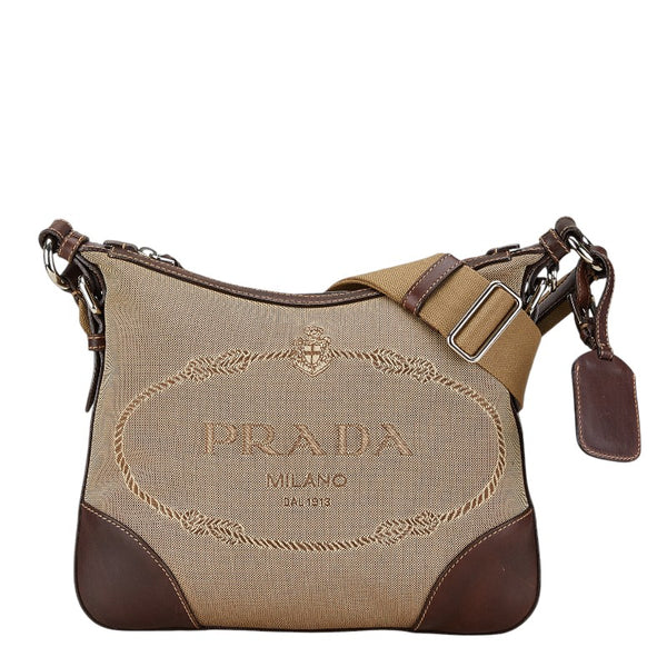 プラダ ジャガードロゴ ショルダーバッグ BT0534 ベージュ ブラウン キャンバス レザー レディース PRADA 【中古】