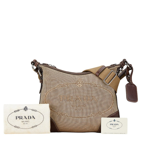プラダ ジャガードロゴ ショルダーバッグ BT0534 ベージュ ブラウン キャンバス レザー レディース PRADA 【中古】