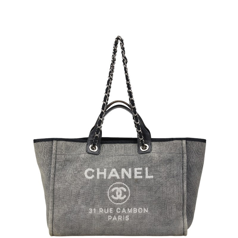 シャネル ドーヴィルMM ハンドバッグ トートバッグ グレー ブラック キャンバス レザー レディース CHANEL 【中古】