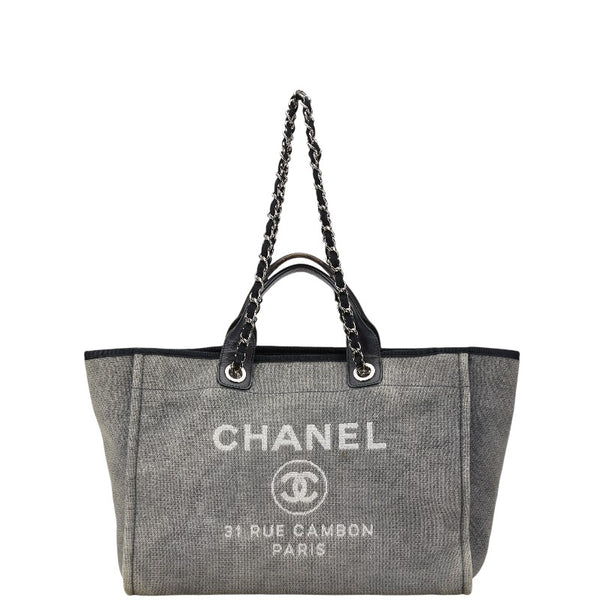 シャネル ドーヴィルMM ハンドバッグ トートバッグ グレー ブラック キャンバス レザー レディース CHANEL 【中古】