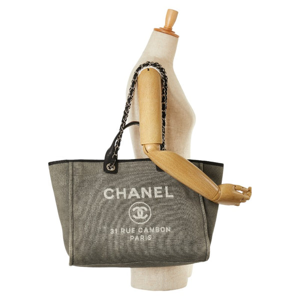 シャネル ドーヴィルMM ハンドバッグ トートバッグ グレー ブラック キャンバス レザー レディース CHANEL 【中古】