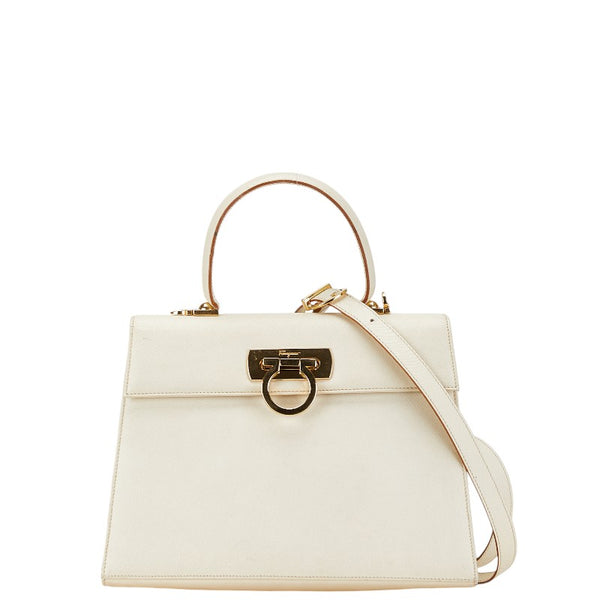 サルヴァトーレフェラガモ ガンチーニ ハンドバッグ ショルダーバッグ 2WAY アイボリー ホワイト レザー レディース Salvatore Ferragamo 【中古】