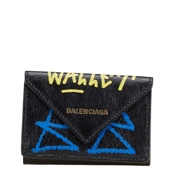 バレンシアガ グラフィティ ペーパー ミニウォレット 三つ折り財布 コンパクトウォレット 391446 ブラック レザー レディース BALENCIAGA 【中古】