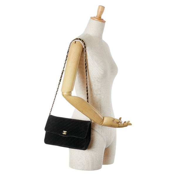 シャネル ココマーク チェーン ショルダーバッグ ブラック ゴールド ベロア レディース CHANEL 【中古】