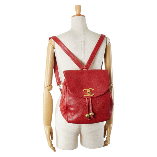 シャネル ココマーク チェーン リュック バックパック レッド キャビアスキン レディース CHANEL 【中古】
