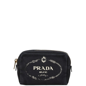 プラダ カナパ ポーチ コスメポーチ 小物入れ ブラック キャンバス レザー レディース PRADA 【中古】