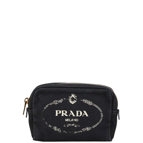 プラダ カナパ ポーチ コスメポーチ 小物入れ ブラック キャンバス レザー レディース PRADA 【中古】