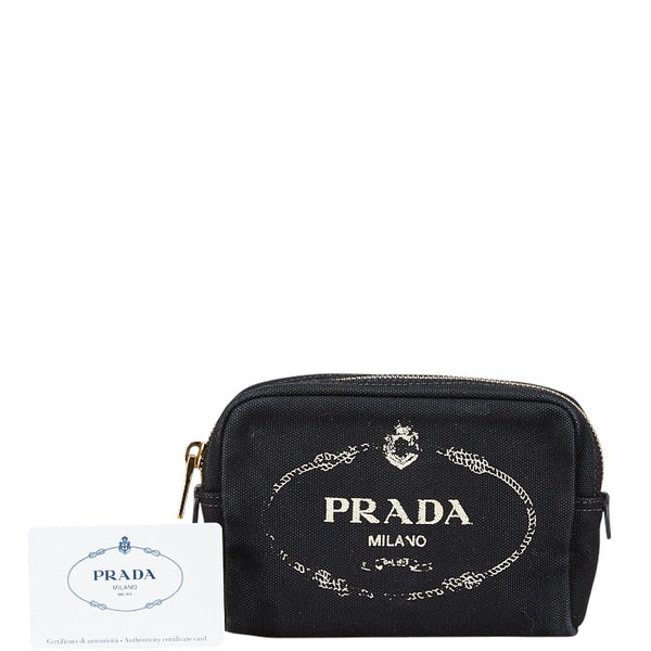 プラダ カナパ ポーチ コスメポーチ 小物入れ ブラック キャンバス レザー レディース PRADA 【中古】