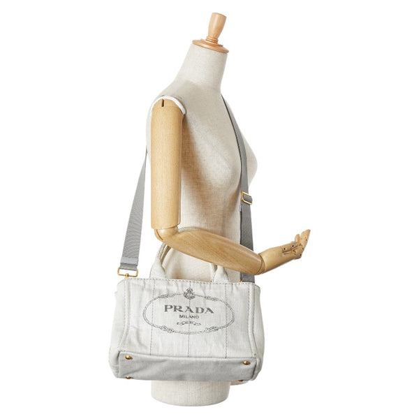 プラダ 三角ロゴプレート カナパ ミニ ハンドバッグ ショルダーバッグ 2WAY ライトグレー キャンバス レディース PRADA 【中古】