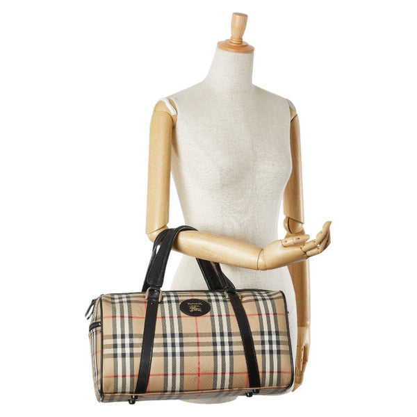 バーバリー ノバチェック ホースロゴ ボストンバッグ ベージュ ブラック キャンバス レザー レディース BURBERRY 【中古】
