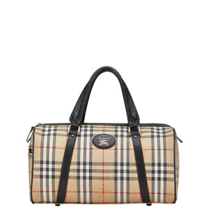 バーバリー ノバチェック ホースロゴ ボストンバッグ ベージュ ブラック キャンバス レザー レディース BURBERRY 【中古】