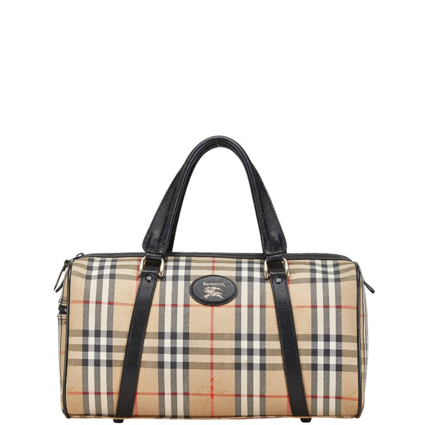 バーバリー ノバチェック ホースロゴ ボストンバッグ ベージュ ブラック キャンバス レザー レディース BURBERRY 【中古】