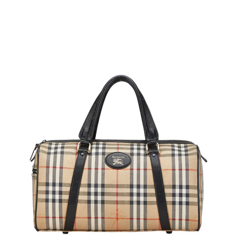 バーバリー ノバチェック ホースロゴ ボストンバッグ ベージュ ブラック キャンバス レザー レディース BURBERRY 【中古】