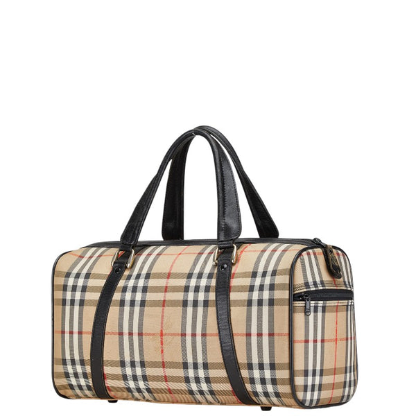 バーバリー ノバチェック ホースロゴ ボストンバッグ ベージュ ブラック キャンバス レザー レディース BURBERRY 【中古】