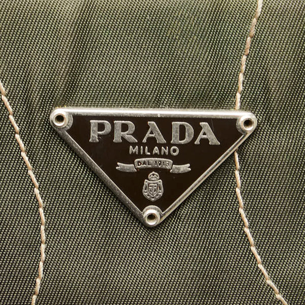 プラダ 三角ロゴプレート フラワー 花 ハンドバッグ B11256 カーキグリーン ブラウン ナイロン レザー レディース PRADA 【中古】