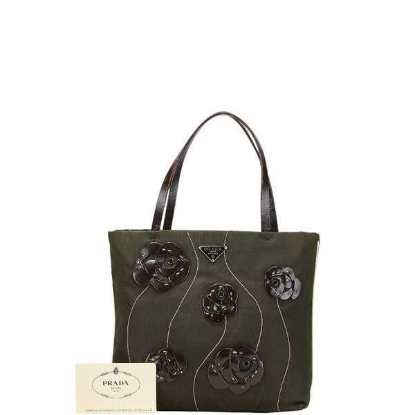 プラダ 三角ロゴプレート フラワー 花 ハンドバッグ B11256 カーキグリーン ブラウン ナイロン レザー レディース PRADA 【中古】