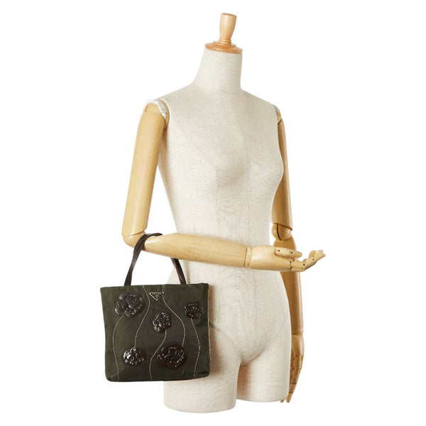 プラダ 三角ロゴプレート フラワー 花 ハンドバッグ B11256 カーキグリーン ブラウン ナイロン レザー レディース PRADA 【中古】