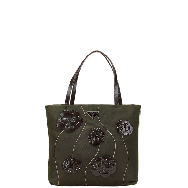 プラダ 三角ロゴプレート フラワー 花 ハンドバッグ B11256 カーキグリーン ブラウン ナイロン レザー レディース PRADA 【中古】