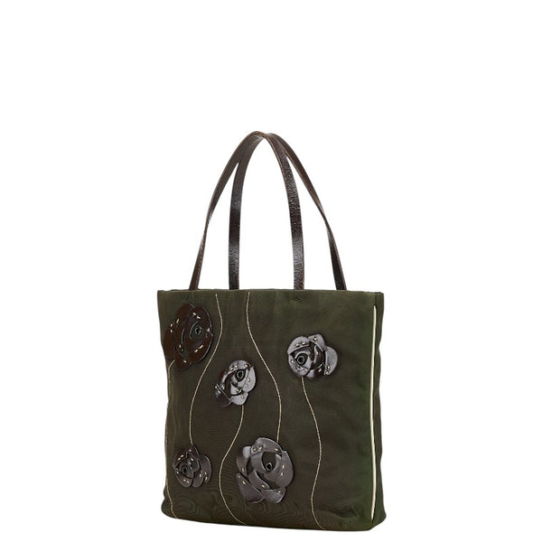 プラダ 三角ロゴプレート フラワー 花 ハンドバッグ B11256 カーキグリーン ブラウン ナイロン レザー レディース PRADA 【中古】