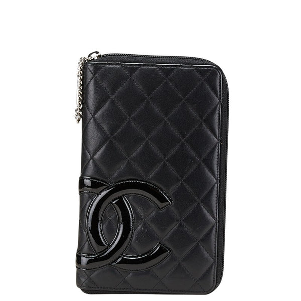 シャネル カンボンライン ココマーク 長財布 ラウンドファスナー ブラック ラムスキン エナメル レディース CHANEL 【中古】