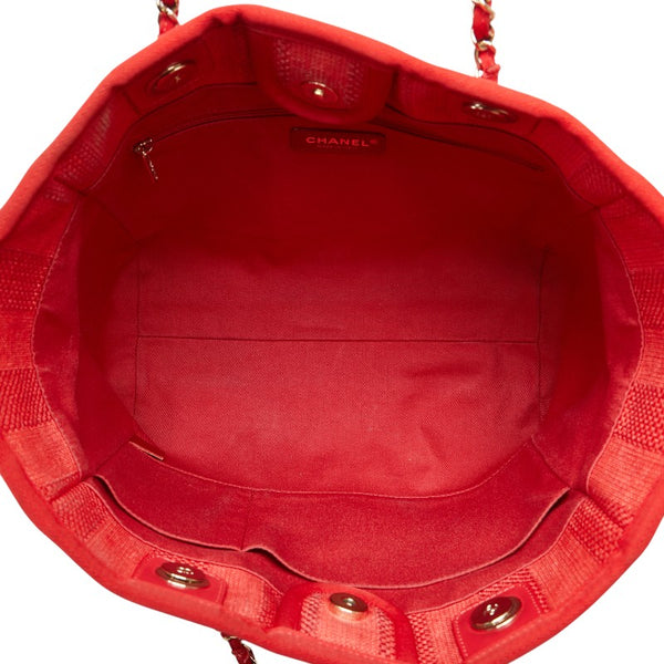 シャネル ドーヴィル トートMM ココマーク チェーン トートバッグ レッド キャンバス レザー レディース CHANEL 【中古】