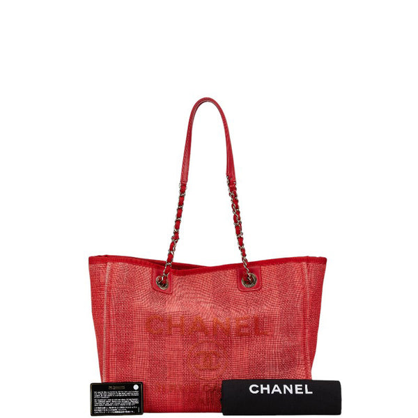 シャネル ドーヴィル トートMM ココマーク チェーン トートバッグ レッド キャンバス レザー レディース CHANEL 【中古】