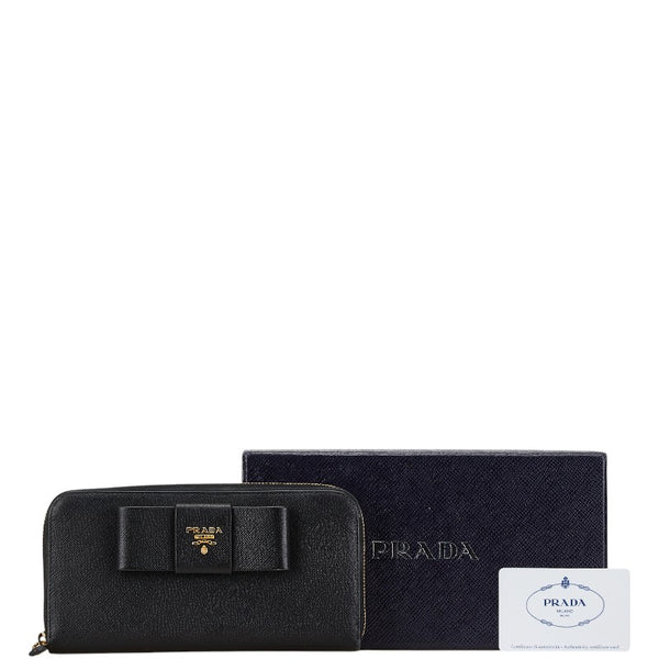 プラダ リボン ラウンドファスナー 長財布 1ML506 ブラック サフィアーノ レディース PRADA 【中古】