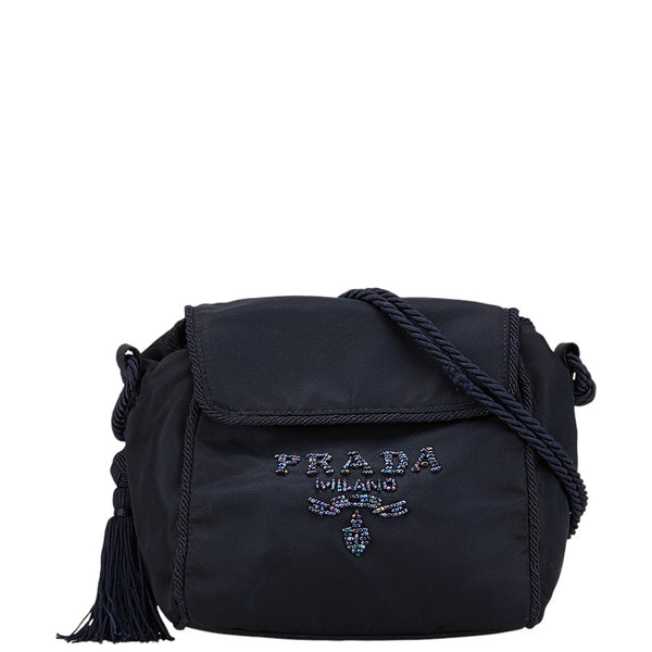 プラダ ロゴ ビーズ 斜め掛け ショルダーバッグ ネイビー ナイロン レディース PRADA 【中古】