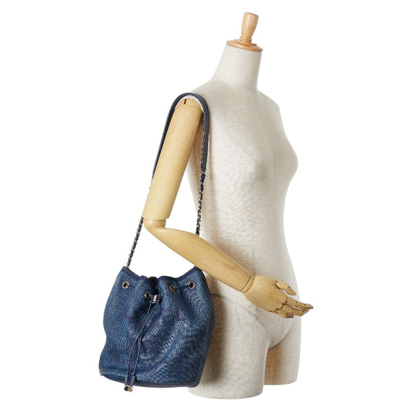 シャネル ドーヴィル チェーン ショルダーバッグ ブルー ネイビー ストロー レザー レディース CHANEL 【中古】