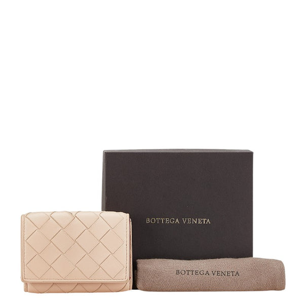 ボッテガヴェネタ イントレチャート 三つ折り財布 ベージュ ピンク レザー レディース BOTTEGAVENETA 【中古】