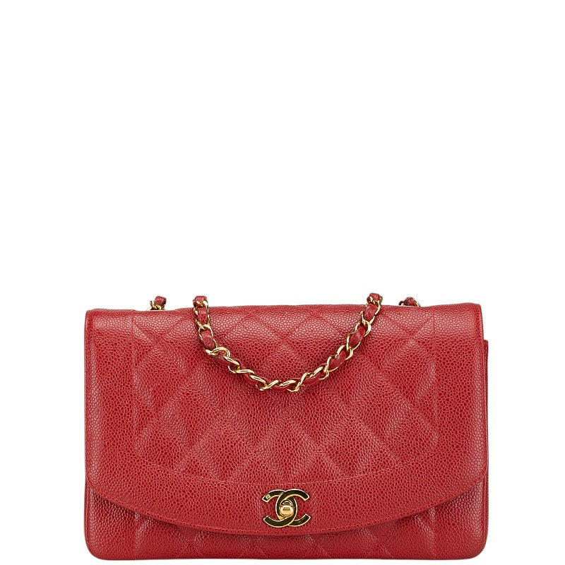シャネル ダイアナ25 マトラッセ ココマーク  チェーン ショルダーバッグ レッド キャビアスキン レディース CHANEL 【中古】