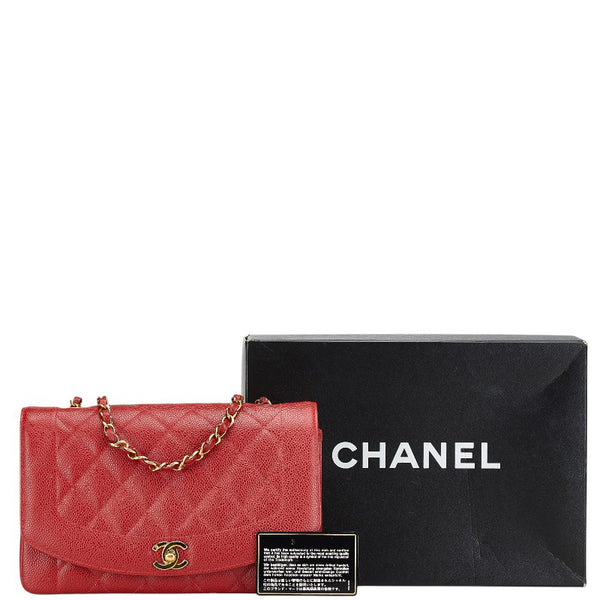 シャネル ダイアナ25 マトラッセ ココマーク  チェーン ショルダーバッグ レッド キャビアスキン レディース CHANEL 【中古】
