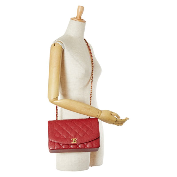 シャネル ダイアナ25 マトラッセ ココマーク  チェーン ショルダーバッグ レッド キャビアスキン レディース CHANEL 【中古】
