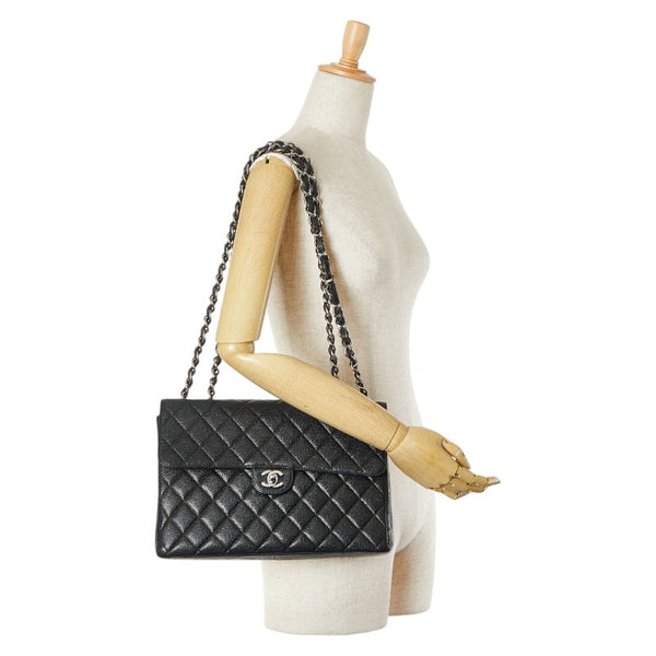 シャネル マトラッセ30 ココマーク ダブルフラップ チェーン ショルダーバッグ ブラック キャビアスキン レディース CHANEL 【中古】