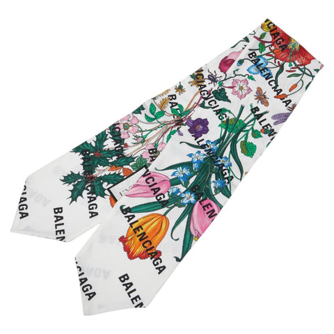 グッチ × BALENCIAGA バレンシアガ ザ ハッカー プロジェクト フローラプリント ネックボウ スカーフ ホワイト マルチカラー シルク レディース GUCCI 【中古】